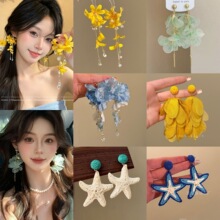 仙本那 绝美度假风黄色花朵流苏耳钉女夸张独特漂亮耳环海边耳饰