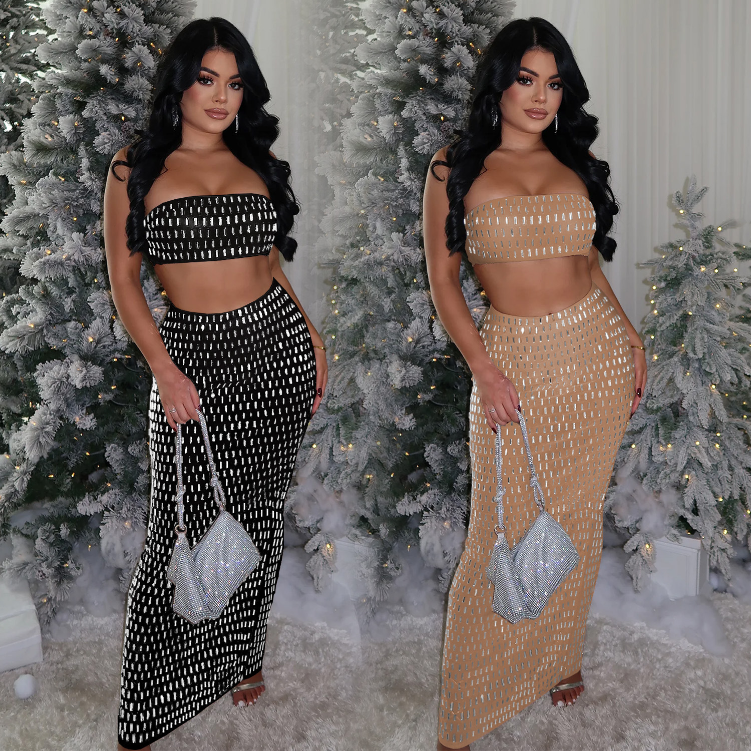 C7222 Cross-border AliExpress Amazon Ropa de mujer de moda europea y americana Traje de tubo sexy Paquete de diamantes calientes Falda de cadera de dos piezas