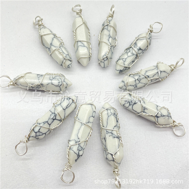 Comercio exterior caliente bobina hexagonal columna colgante collar de cristal natural hecho a mano de plata hilo bala joyería al por mayor