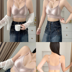 緞面拼接性感奢華V領吊帶女士內衣無鋼圈固定杯透氣舒適美背背心