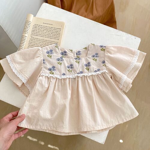  Summer Infant and Toddler Trumpet Puff Short-Sleeved Square Neck Top + Fungus Hemming Pants Two-piece Set