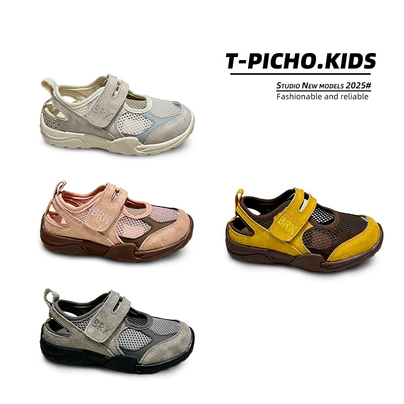 Детская рамка Обувь 2025 Летняя новая девушка полые дышащие сандалии Корейская версия кожаной обуви для мальчиков на открытом воздухе походные туфли