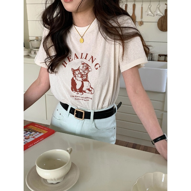 3Th Morning Summer Concerto Cute Kitten Letter Printed Round Neck Short Sleeve T-Shirt Zy2966