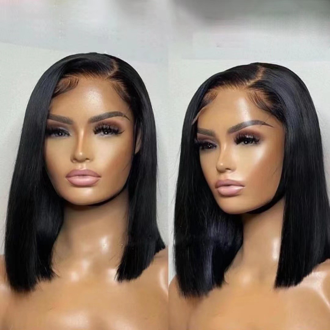 Peruca feminina estilo europeu/americano com renda 13x4, cobertura total da cabeça, corte bob curto e liso._voghion.com