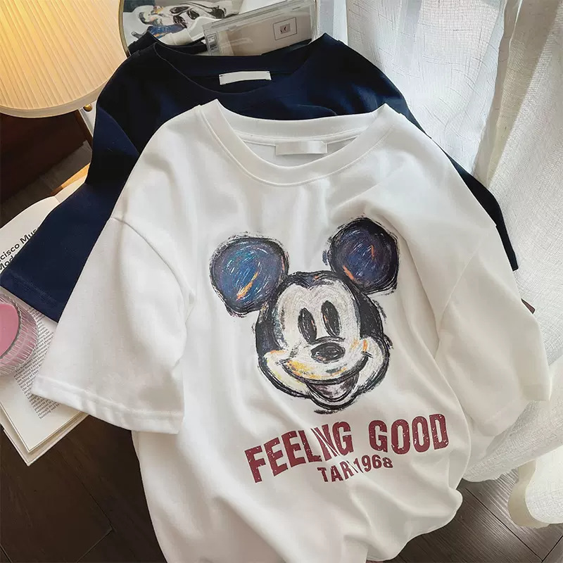 Pure Cotton American Style Retro Fun Graffiti Mickey Print Round Neck T-Shirt Women's 2024 Summer New All-match Age-reducing Loose