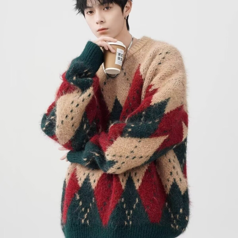 American Style Retro Rhomboid Christmas Sweater Men's and Women's Winter Fashion Brand High-end Sense Lazy Knitted Shirt Loose Couple Top