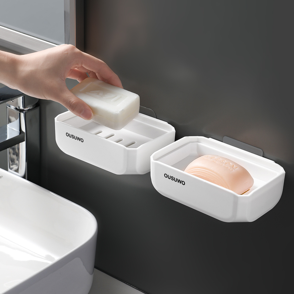 肥皂盒黏貼壁掛式浴室香皂盒雙層瀝水免打孔衛生間置物架一件代發