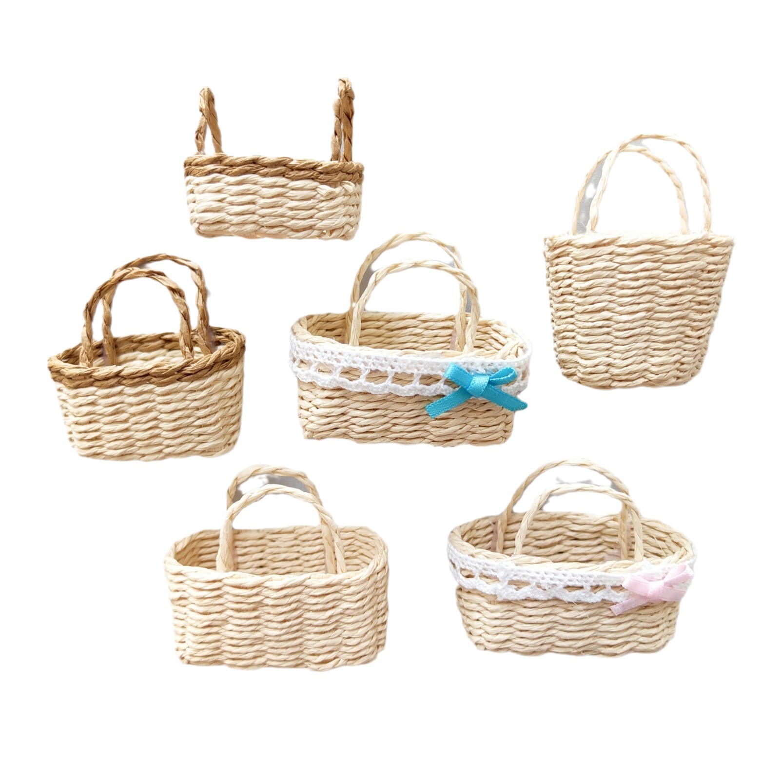 Cesta Miniatura Portátil de Paja Raffia de Papel Tejida para Casa de Muñecas y Pascua image 6