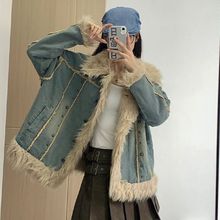 胖mm大码女装秋冬季毛毛领牛仔外套女保暖棉衣复古加厚加绒棉服女