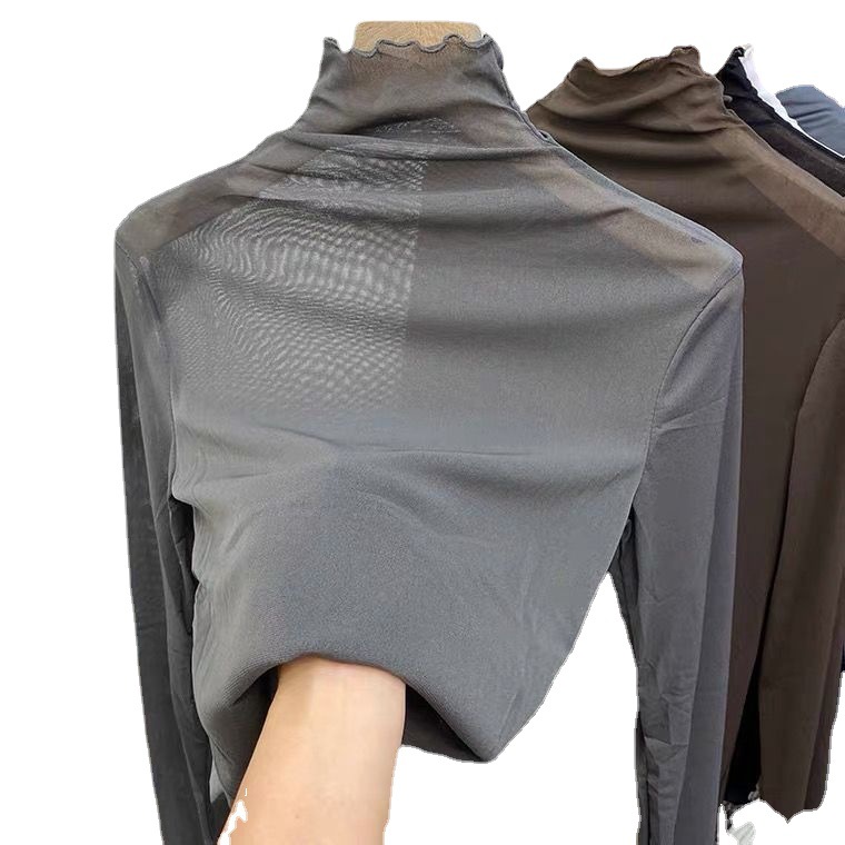 Camicia versatile in pizzo a rete per donna, primavera e autunno 2022, manica lunga, arricciata, collo alto, leggermente trasparente_voghion.com