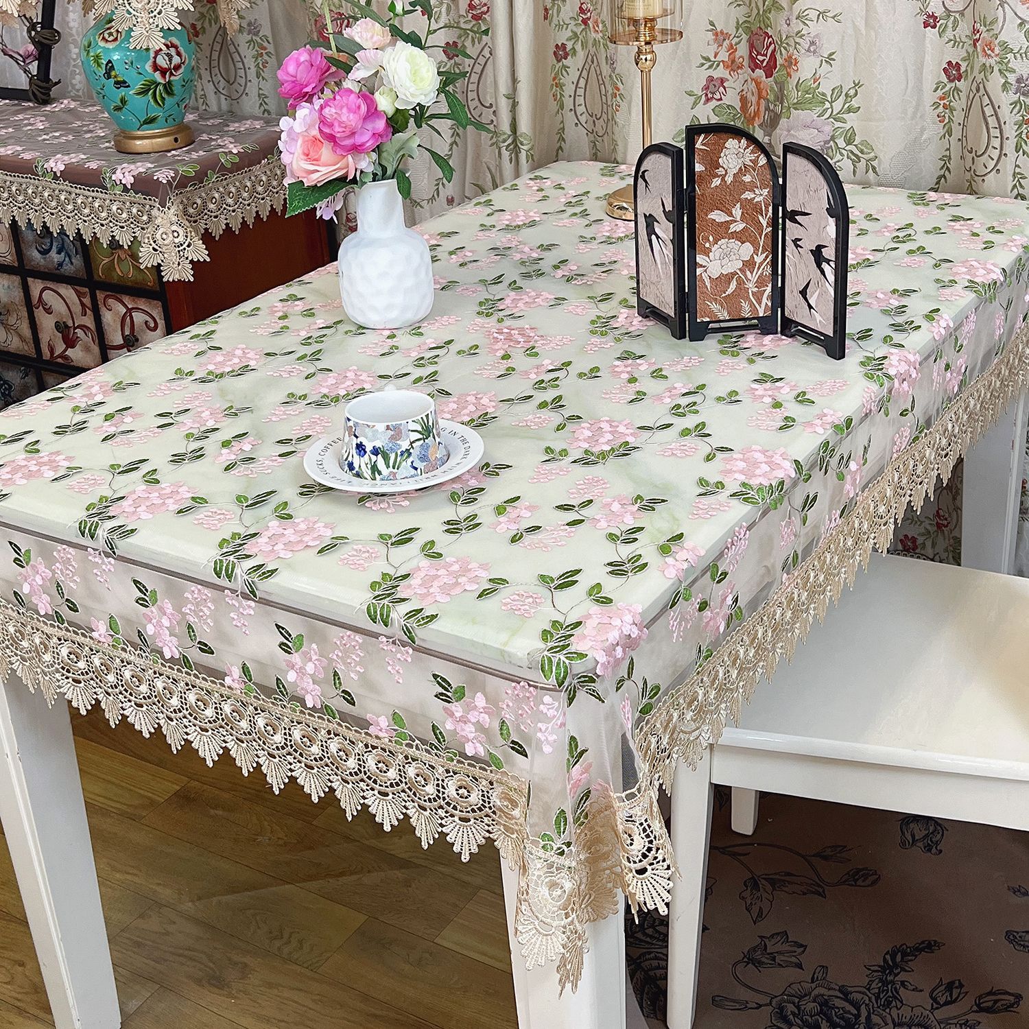 Cross-Border Mesh Tablecloth European Style Small Round Table Square Table Tv Cabinet Modern Simple Lace Embroidery Rectangular Coffee Table Cloth