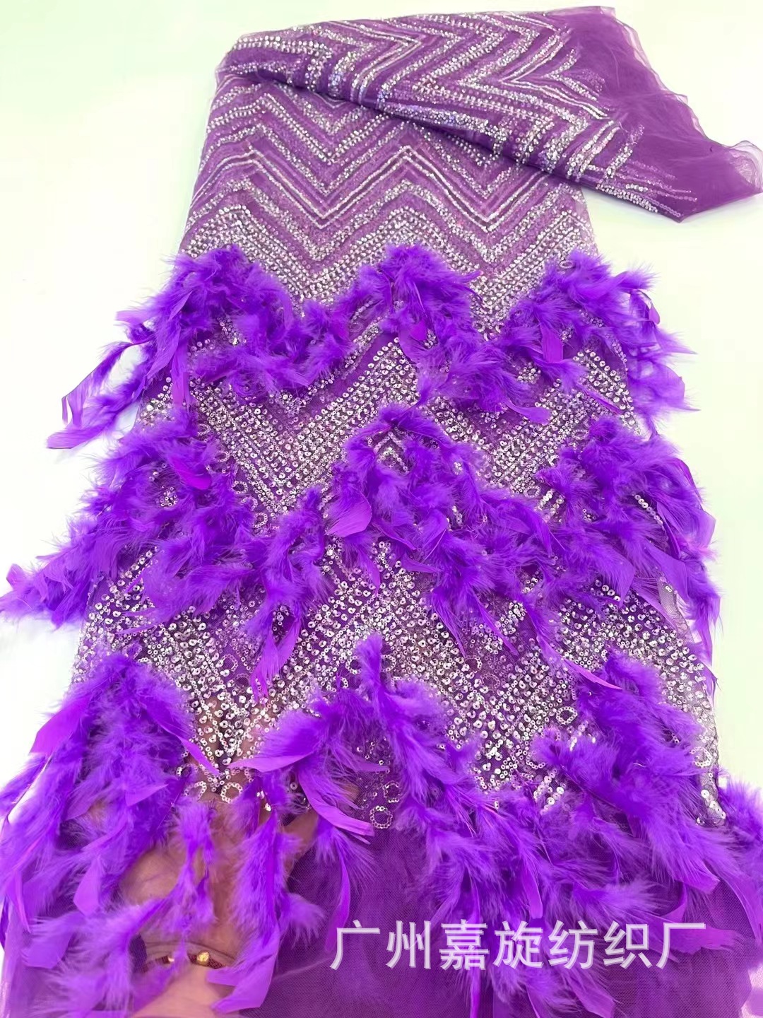 La industria pesada pluma lentejuelas bordado tela de cuentas de tubo bordado de gama alta vestido de novia de gama alta etapa desgaste moda tela JX3891