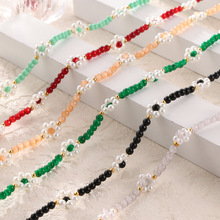 韩国风气质优雅手工串珠彩色天然石项链贝珠花朵编织配饰颈链饰品