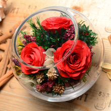 泰国进口永生花玻璃罩情人节礼物红玫瑰花瓶干花摆件永生花礼品