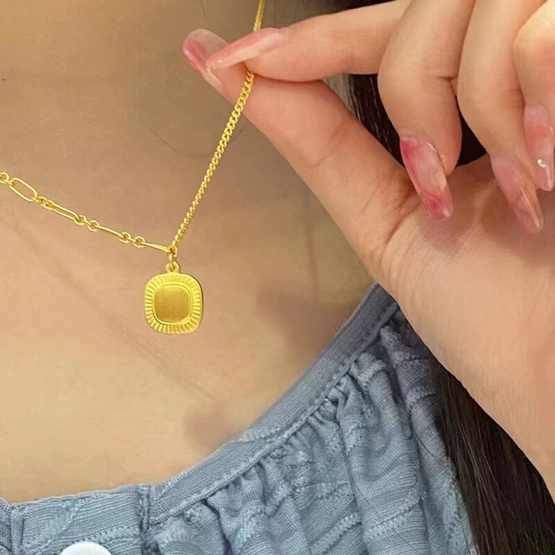 流金岁月小方糖吊坠项链金店同款沙金仿黄金锁骨链戒指女久不掉色|undefined