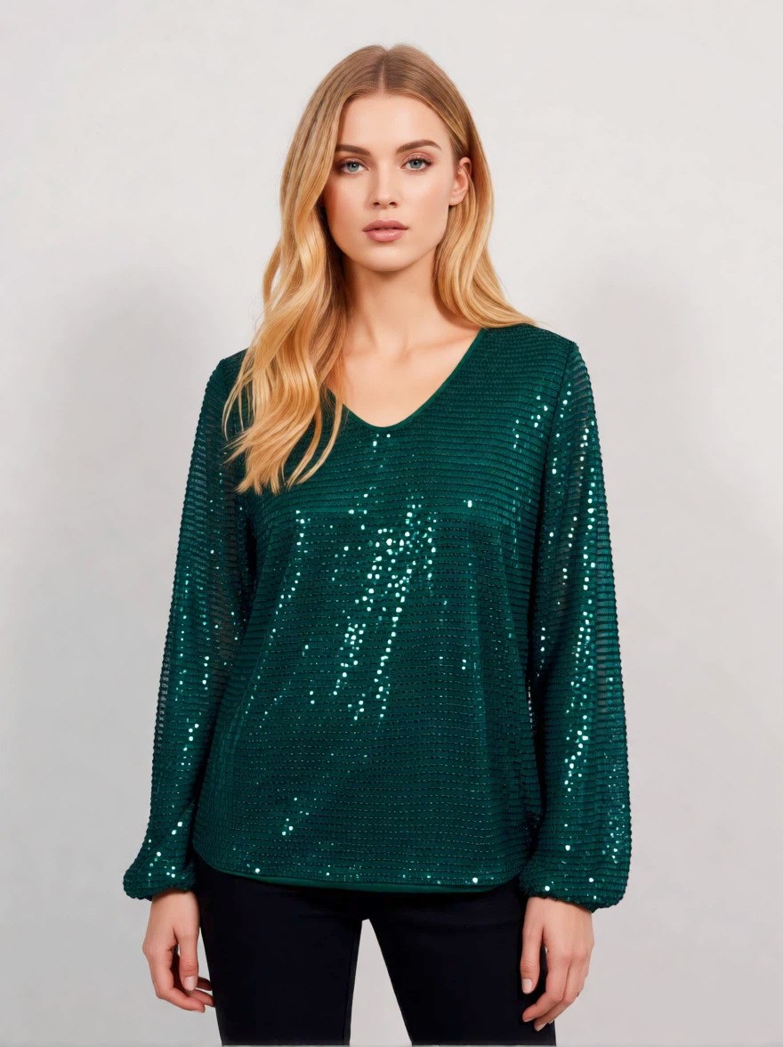 Elegant Women's V-neck Sequin Tunic Top, Long Sleeve Glitter Tee_voghion.com
