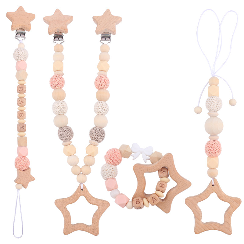 Bebé de dibujos animados de haya estrella mordedor juguete creativo DIY silicona chupete cadena pulsera coche colgando conjunto de cuatro piezas