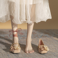 2024春季新款中式風花朵瑪麗珍方頭單鞋女復古平底芭蕾風鞋子百搭