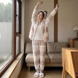 秋冬新款 软绵绵渐变色女士V领纽扣半边绒套装直播跨境