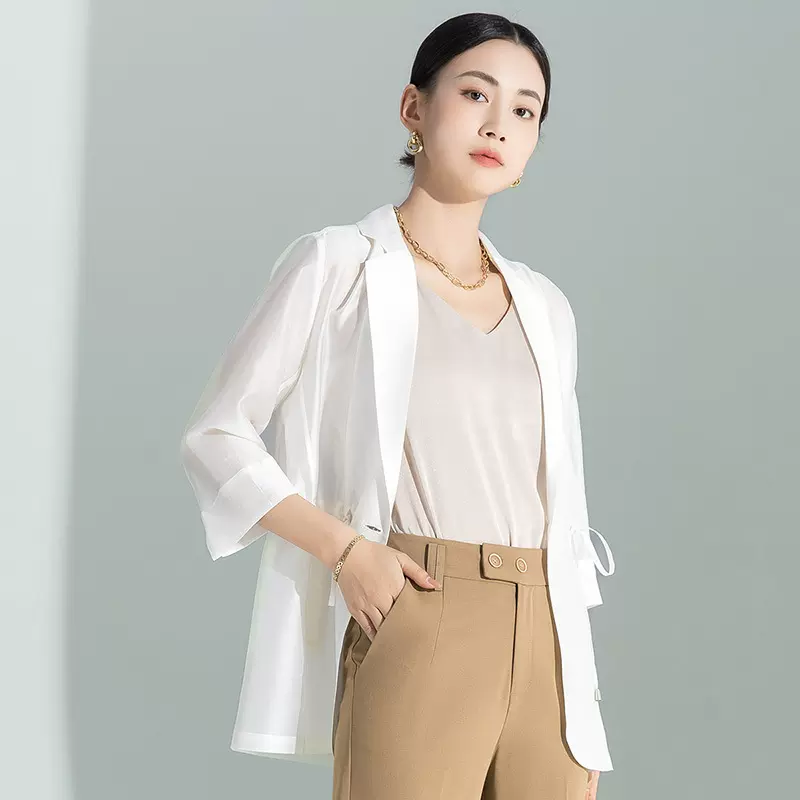 莱赛尔薄款翻驳领简约纯色抽绳防晒夏季新款轻薄休闲时尚西装外套