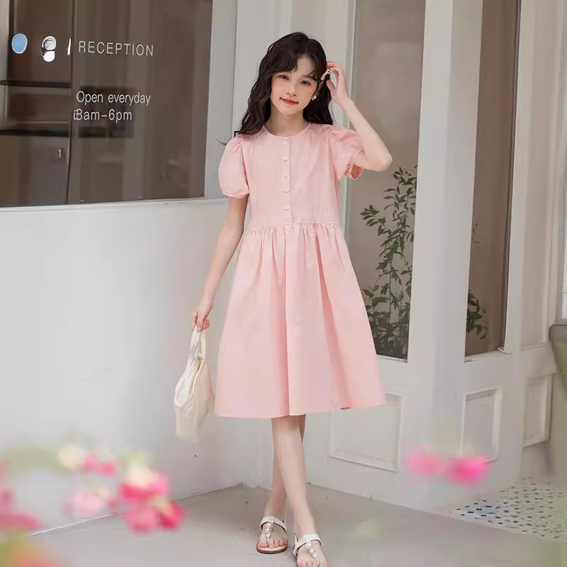 Mother and Dresses Girls' Short-sleeved Dress 2024 Summer Pure Cotton French Style Sweet Princess Dress Big Kids Slim-fit Dress