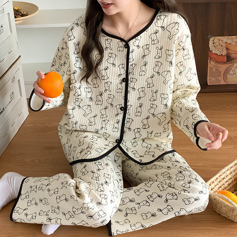 라이브 잠옷 여성의 봄과 가을 2025 새로운 긴 소매 두꺼운 공기 샌드위치 코튼 겨울 하이 엔드 홈 의류 세트
