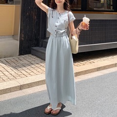 韩系新款小个子夏季气质穿搭一整套女蓝色圆领短袖半身裙时尚套装