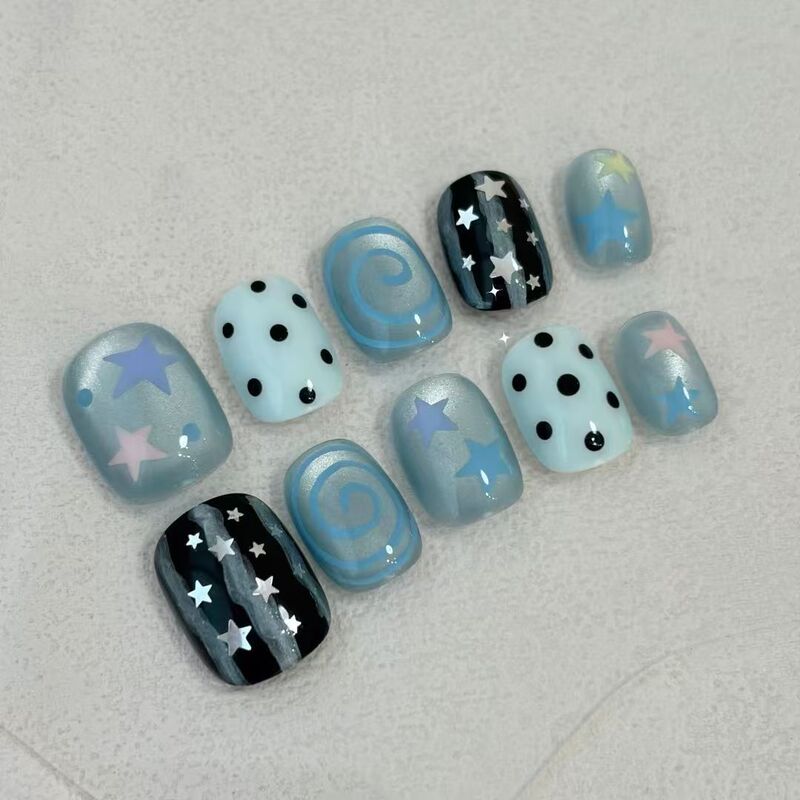 Cool Summer Water Blue Wearable Nails with Hand-painted Swirls, Polka Dots, and Stars Y2K Beauty Fake Nail Stickers from Cross-border Factory Cool Summer Water Blue Wearable Nails with Hand-painted Swirls, Polka Dots, and Stars Y2K Beauty Fake Nail Stickers from Cross-border Factory