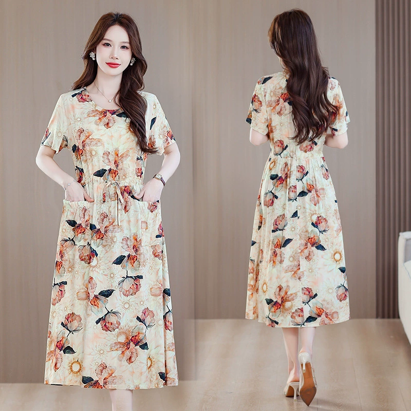 2025 новое корейское платье, покрывающий мясо, тонкое шелковое платье мамы с цветочным принтом