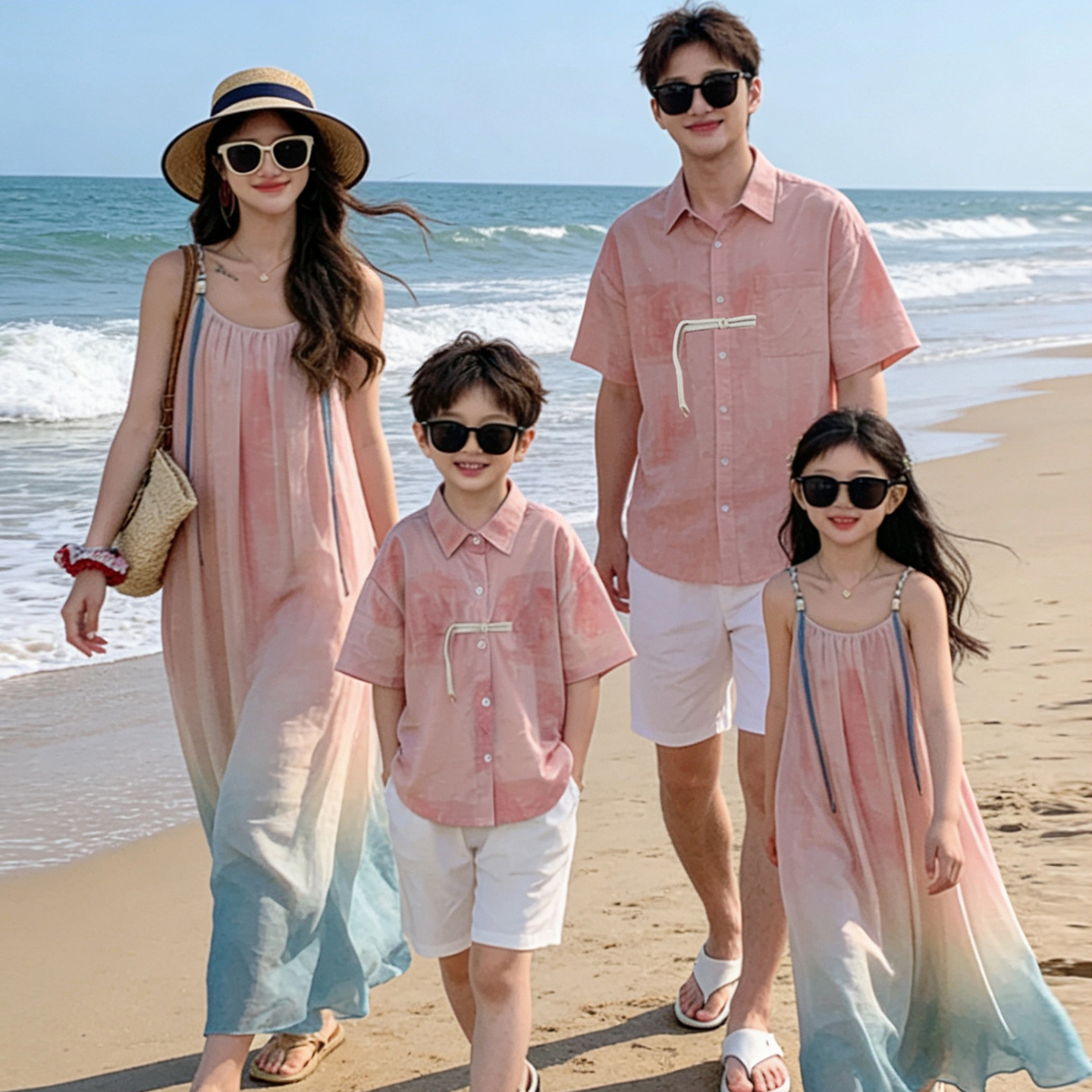 Beach family matching outfits for a family of three or four, new Chinese-style tie-dye mother-daughter gradient suspender dress, seaside vacation set
