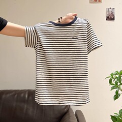 韩系撞色条纹设计感短袖t恤衫女夏2025新款港味chic百搭显瘦上衣