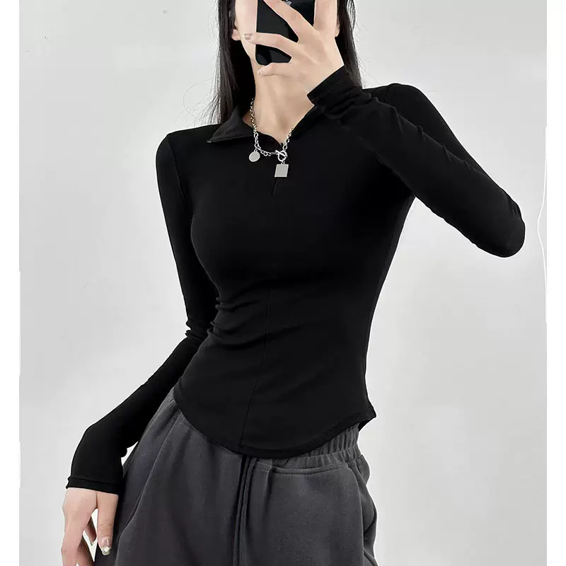长袖t恤女2025秋冬季修身打底内搭显瘦辣妹polo领加绒秋冬打底衫