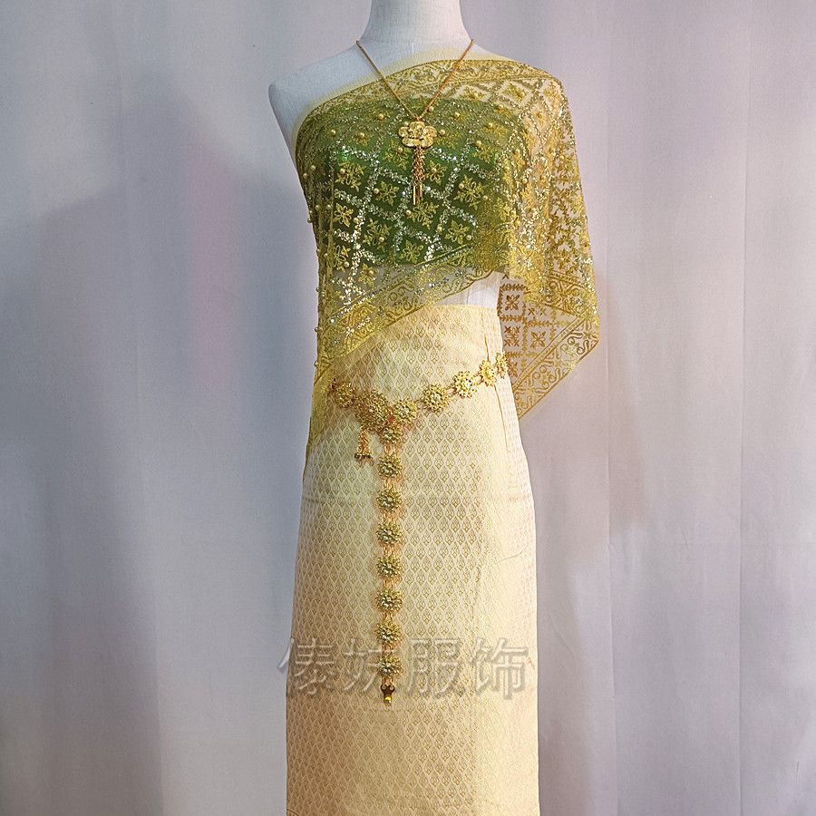 A1 five-piece dark yellow skirt set with shawl that won’t shed powder