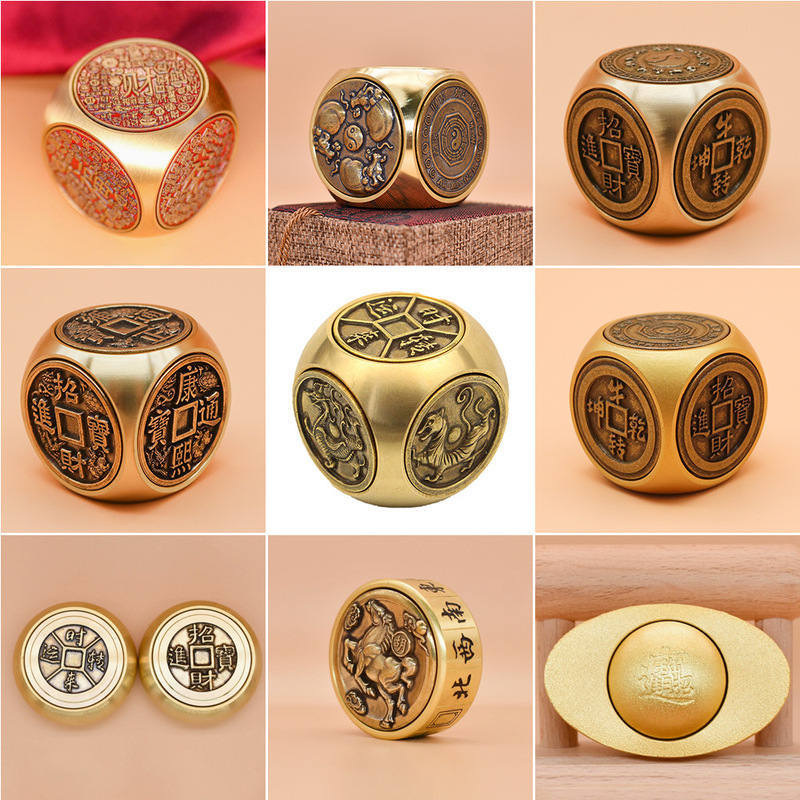 Pure brass six-sided turn to play pieces decompression ornaments recruit rice into treasure ten rhyme turn to play men's and women's national tide hot sale