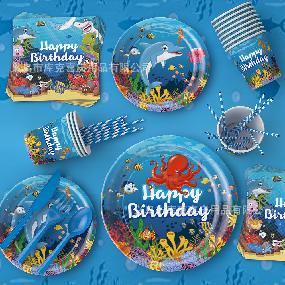 Niños mundo submarino fiesta decoración suministros delfín tema plato de papel desechable taza de papel vajilla tire bandera traje