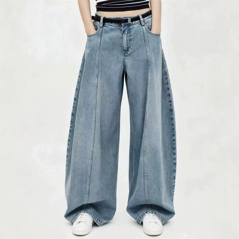 MO** same style as in the mall, 2026 autumn new casual loose high-waisted jeans with visible stitching design, balloon pants