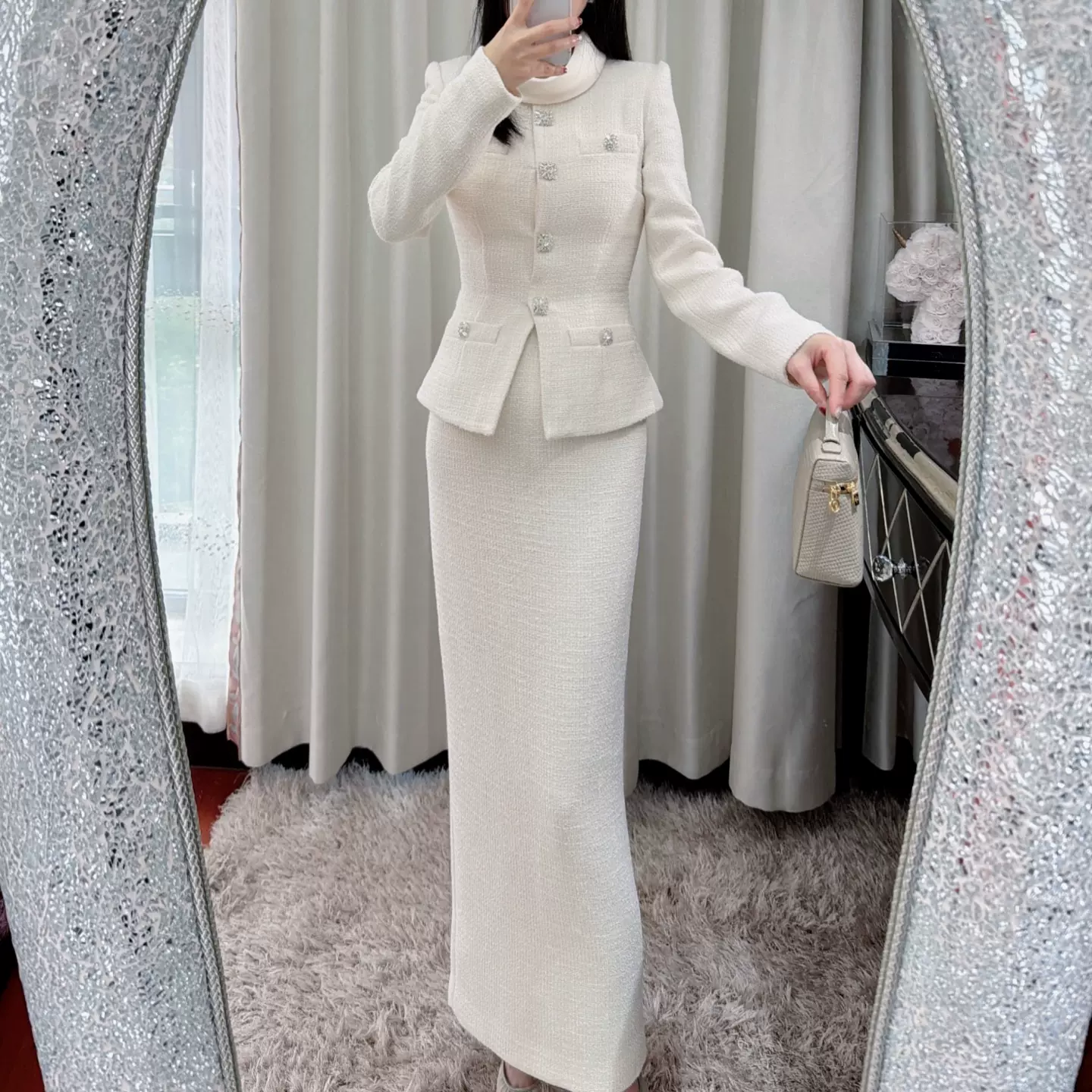 秋冬新品象牙白长袖粗花呢假两件连衣裙职业通勤风小立领长裙礼服