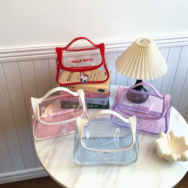 Sanrio Genuine Authorized Cute Cartoon Colorful Transparent Large-Capacity Satchel Toiletry Bag Cosmetic Bag Hand-Held Makeup