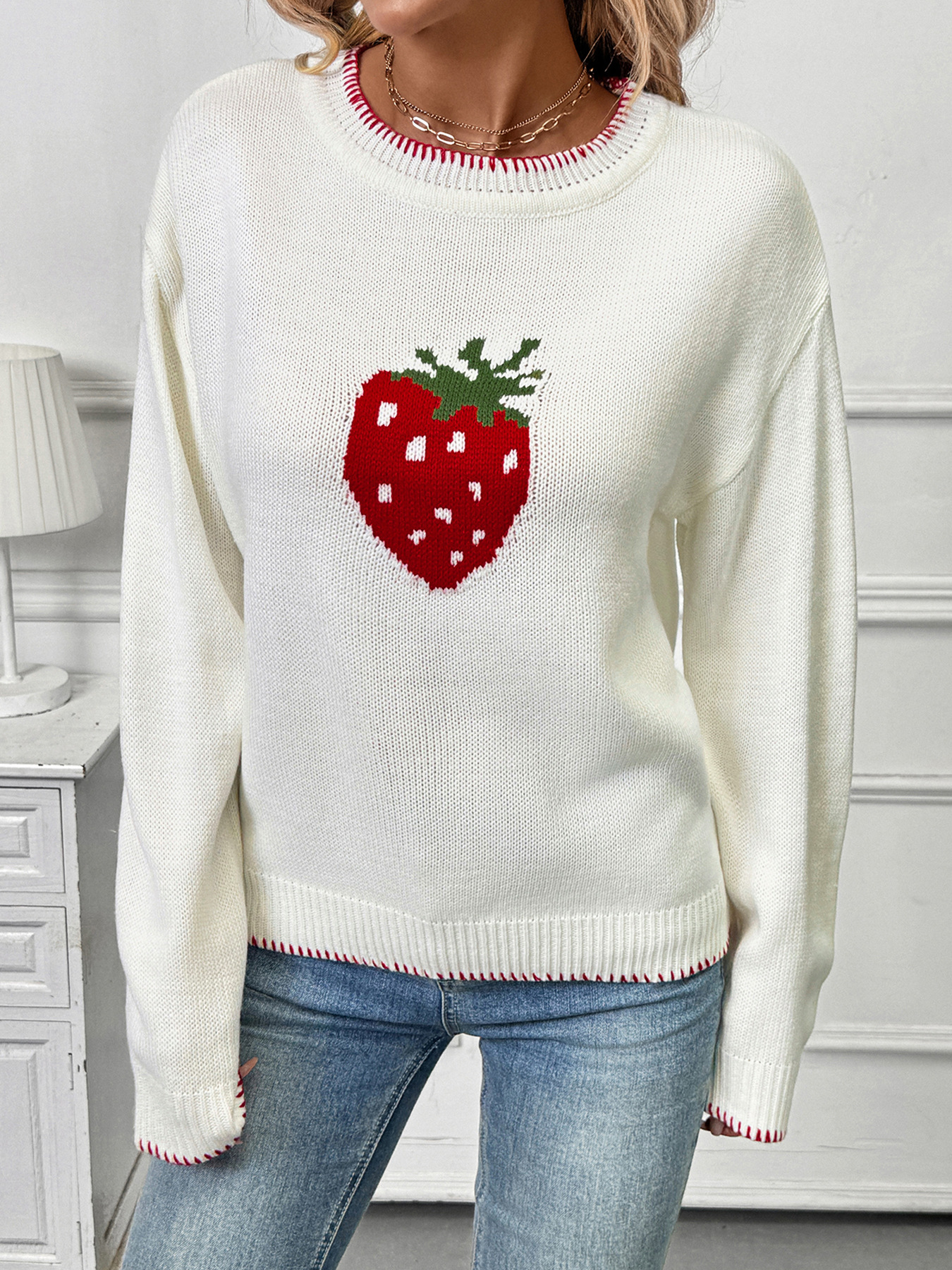 Women's Strawberry Jacquard Knit Sweater - Soft Acrylic Pullover With Loose Fit, Round Neck, Long Sleeves For Casual Comfort_voghion.com