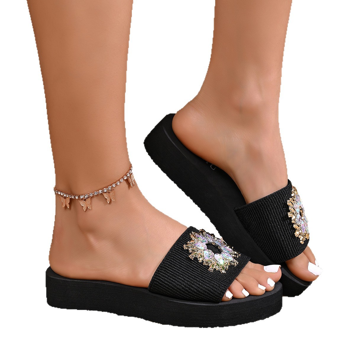 Sandalias Planas de Tira Única para Mujer de Tela con Decoración de Pedrería para Uso Casual image 5