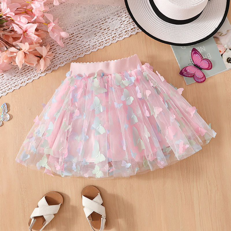 Ropa infantil al por mayor niñas coloridas mariposa tridimensional falda corta de verano falda de princesa de cuatro estaciones y media falda