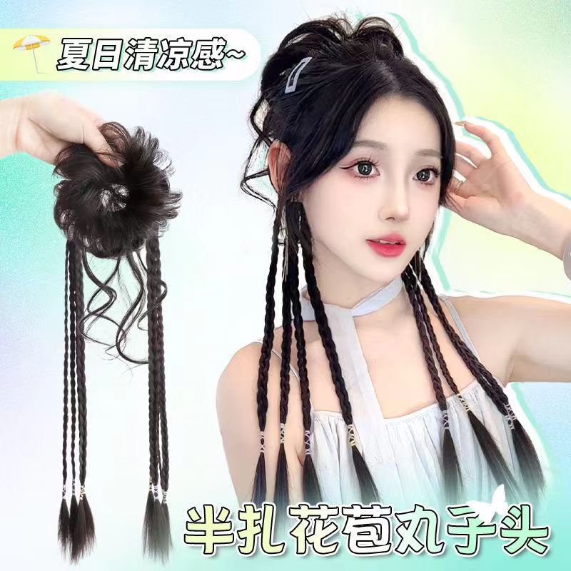 Paluca de cabeza de bola trenzada mujer flua brotes naturales anillo de cabello barba de dragón cabeza de bola media atada trenzada flor de cáñamo boxeo