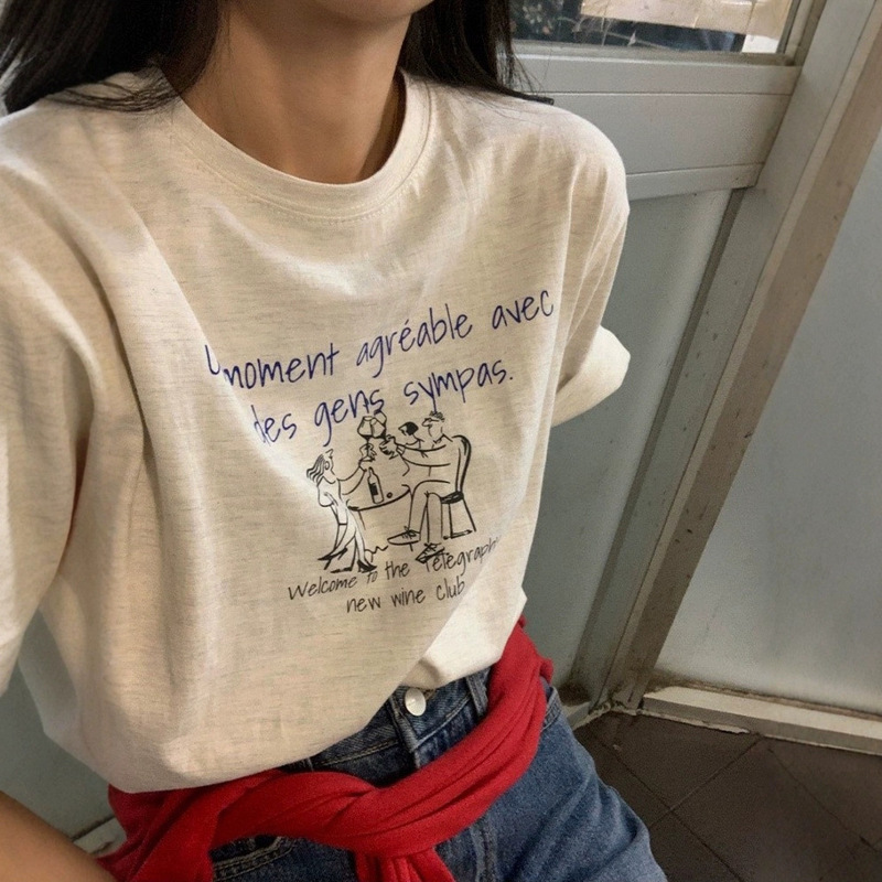 South Korea ins blogger with 2025 spring and summer new retro fun illustration loose Joker short sleeve T-shirt women's top