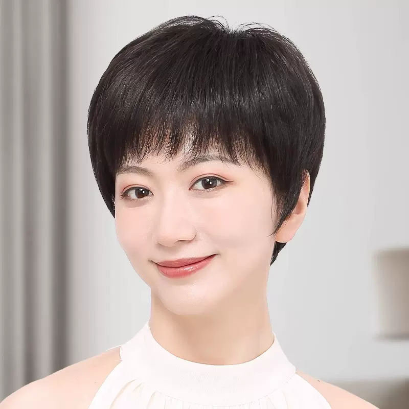 假发套女精修短发全真发蓬松自然刘海可齐可斜中老年头套厂家批发