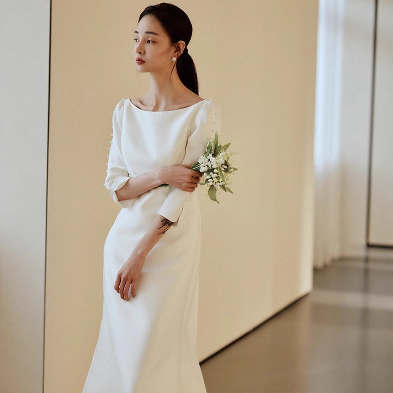 Cross-border wholesale satin off-shoulder light wedding dress, elegant and simple white evening dress, studio theme evening dress