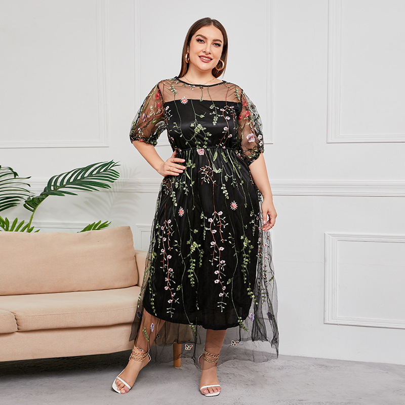 Amazon French Hepburn style plus size dress dress women's mesh embroidered banquet party dress for 200kg