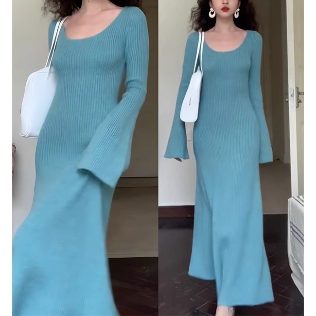 (2개) 프랑스 스타일 우아한 유행 긴 니트 원피스 여성의 가을과 겨울 하이 엔드 슈퍼 모양의 스웨터베이스 스커트