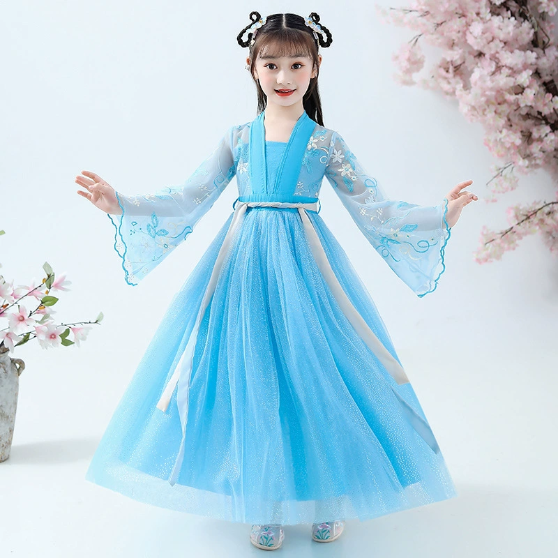 Spring Hanfu for princess, blue flower girl dress, Chinese style, western style