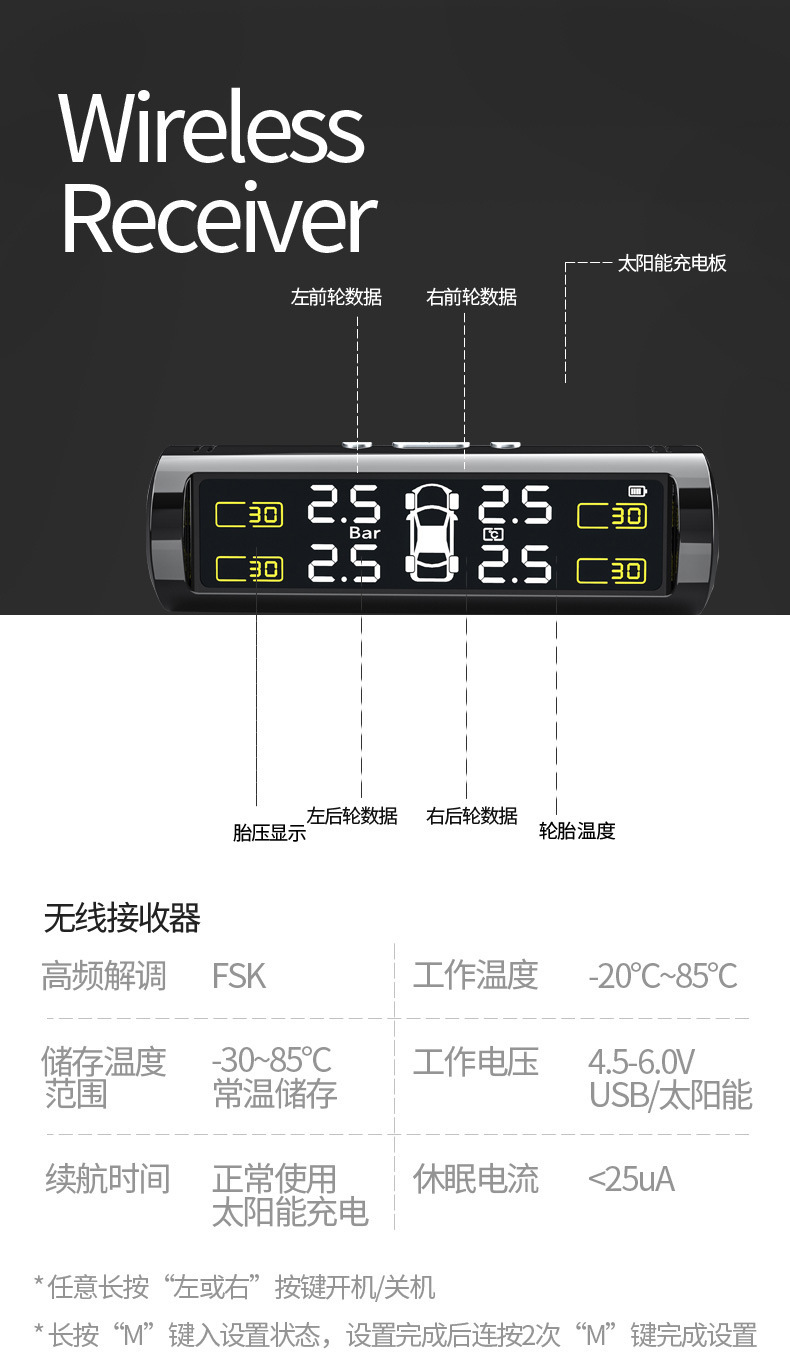 New Hidden Car Solar Tire Pressure Monitor System Internal and External Tire Pressure Temperature Detector Smart