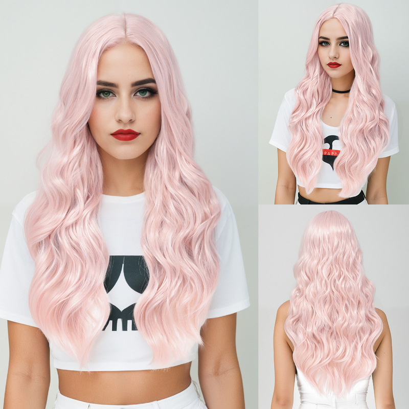 Cross-border Wig European and American Women's Chemical Fiber Headgear Net Red Water Pink Wave Long Curly Hair High Temperature Silk Wig Headgear